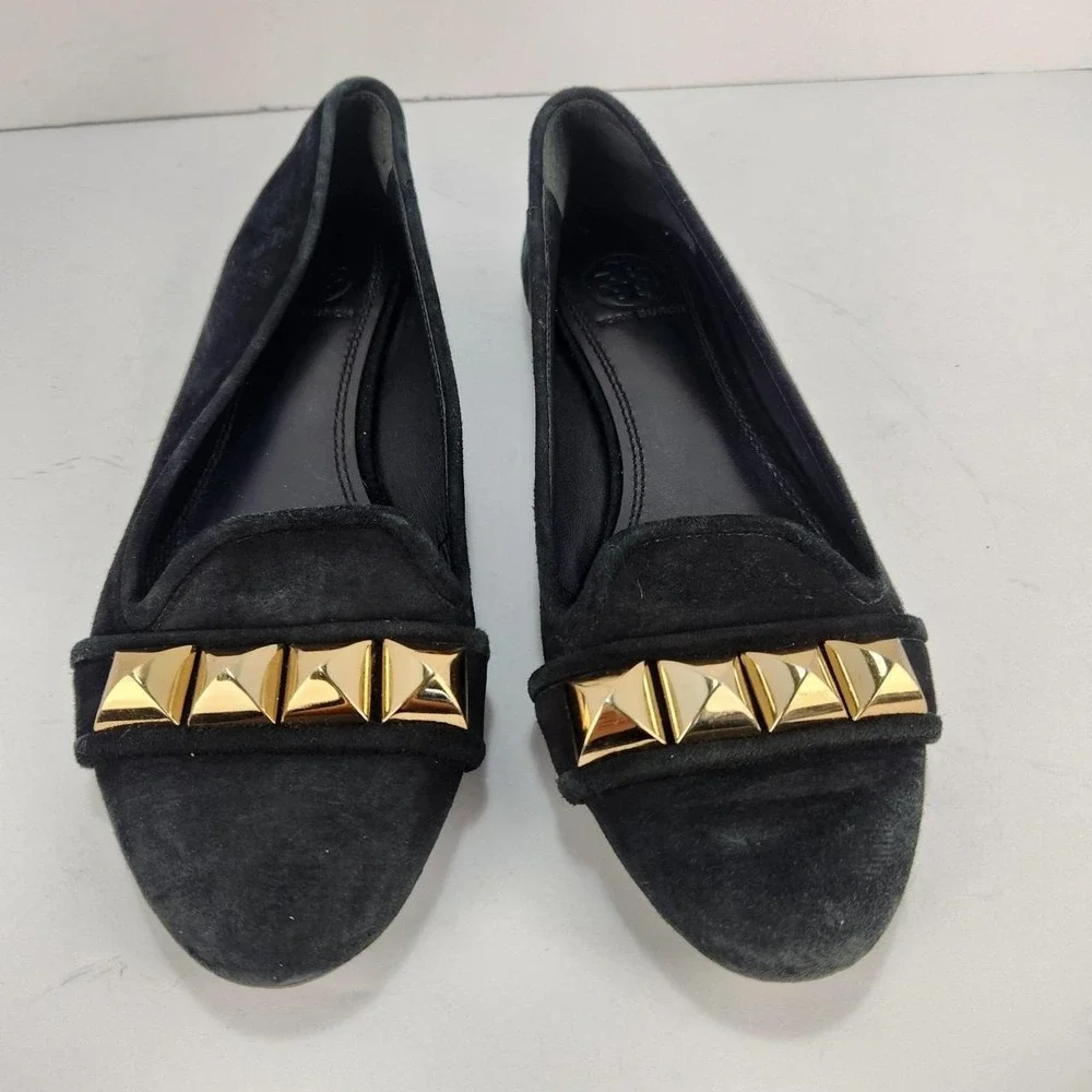 Tory Burch Women's 6.5M Black Suede Asher Studded Ballet Flats Gold Hardware